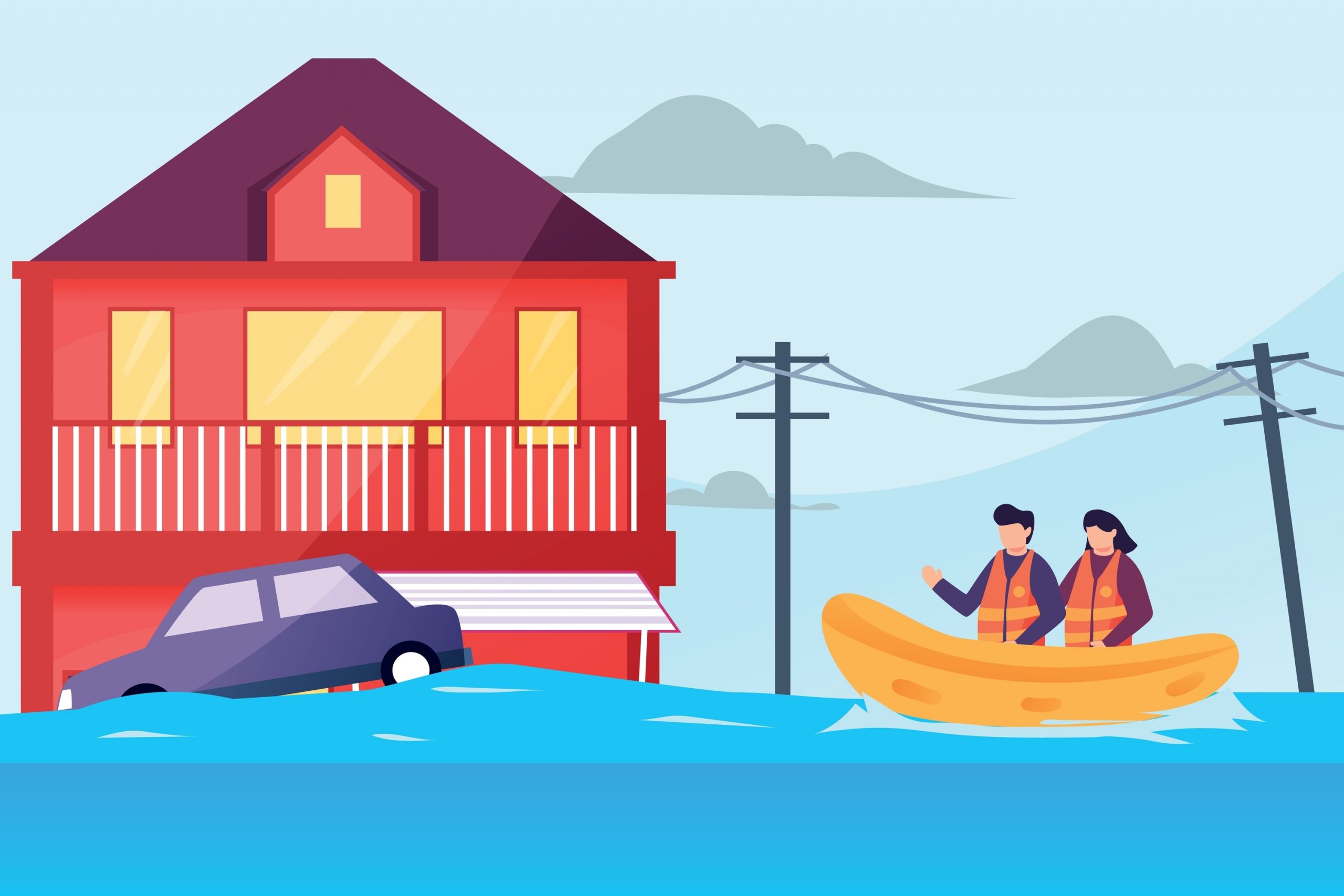 An illustrated scene of two people in an inflatable raft navigating a flooded neighborhood, with a partially submerged car, a house surrounded by water, and power lines rising above the floodwaters.