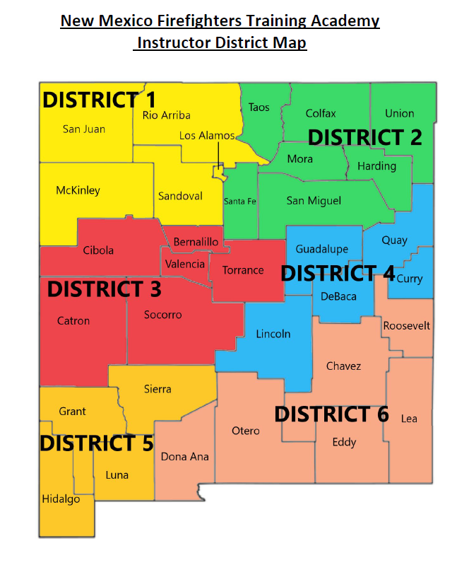 Map of New Mexico showing Firefighters Training Academy instructor districts divided by county. Counties are color-coded into six districts labeled District 1 through District 6, with each county name shown within its boundary.