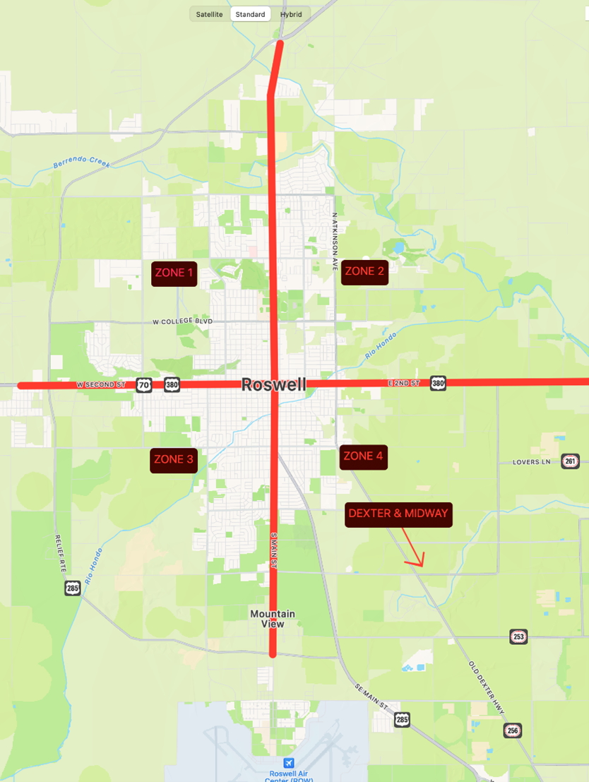 Map of Chaves County divided into four quadrants. 
