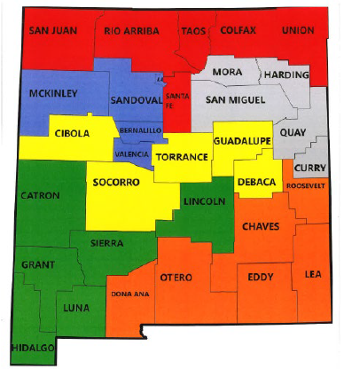 Color-coded map of New Mexico counties grouped by regions. Northern counties (San Juan, Rio Arriba, Taos, Colfax, Union, Mora, and Harding) are shaded red. Central counties including Sandoval, Bernalillo, Valencia, Torrance, San Miguel, and Quay are shaded blue. Western and central counties such as McKinley, Cibola, Socorro, Santa Fe, Guadalupe, DeBaca, and Luna are shaded yellow. Southwestern and south-central counties including Catron, Grant, Hidalgo, Sierra, Doña Ana, and Lincoln are shaded orange. Southeastern counties including Curry, Roosevelt, Chaves, Eddy, Lea, and Otero are shaded green. Each county is labeled by name with clear boundary lines.